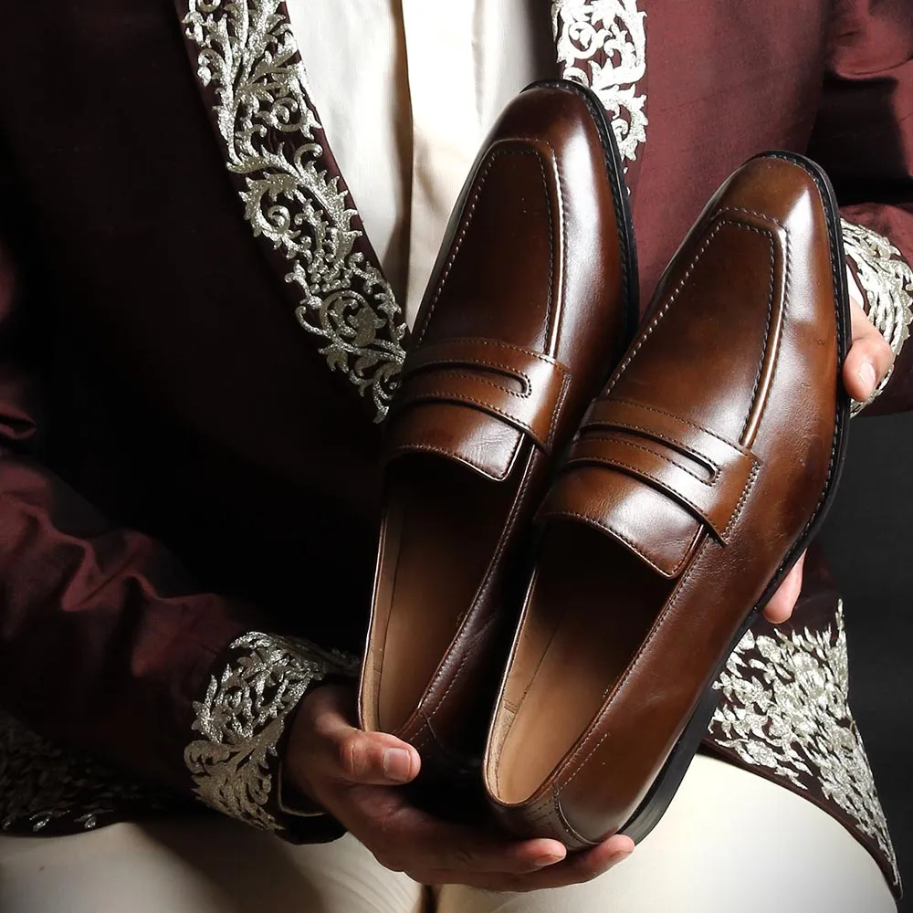 Brown Square Toe Classic Penny Loafers