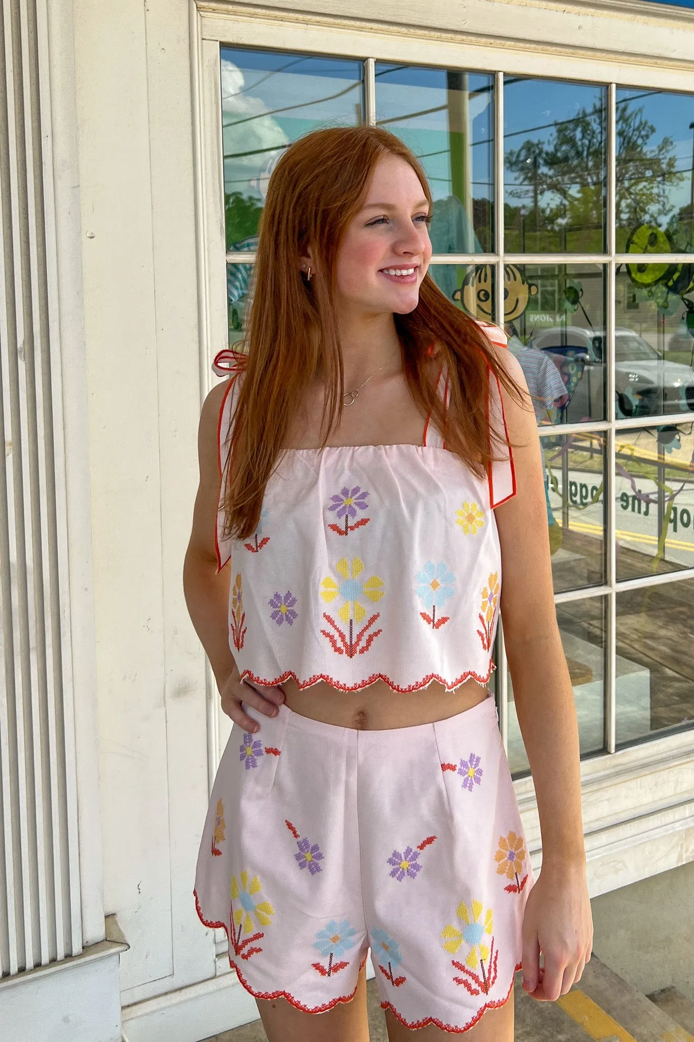 Embroidered Crop Top And Shorts Set-Pink/Multi