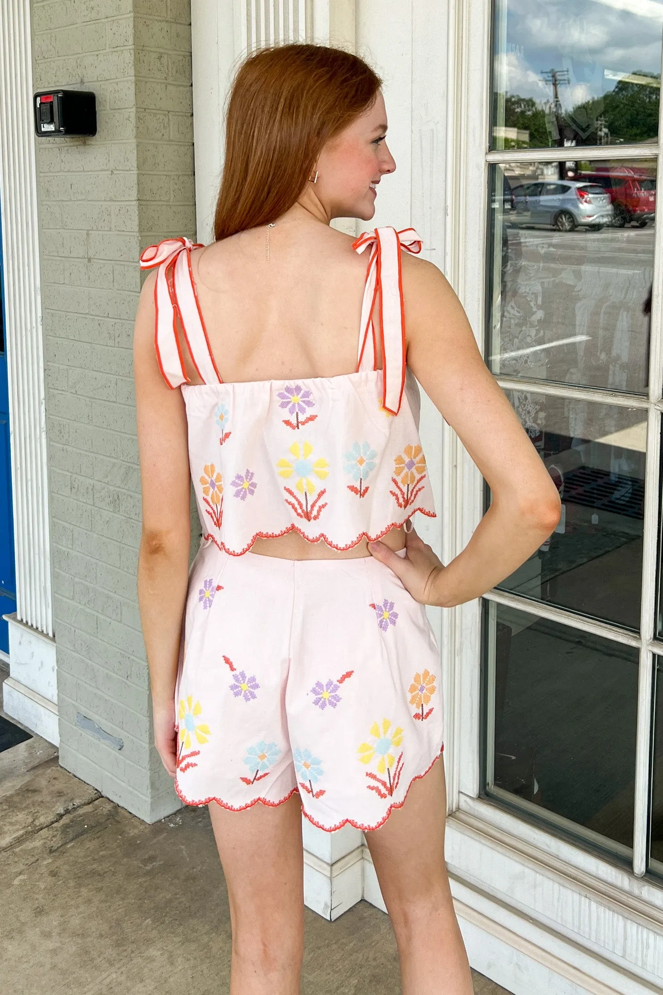 Embroidered Crop Top And Shorts Set-Pink/Multi