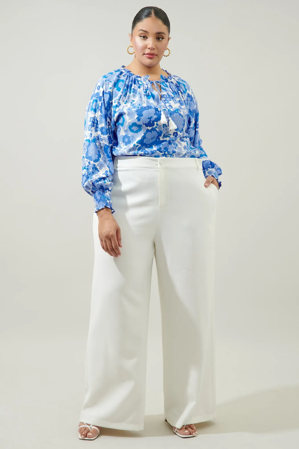 Juliani Floral Weylin Split Neck Tassel Blouse Curve