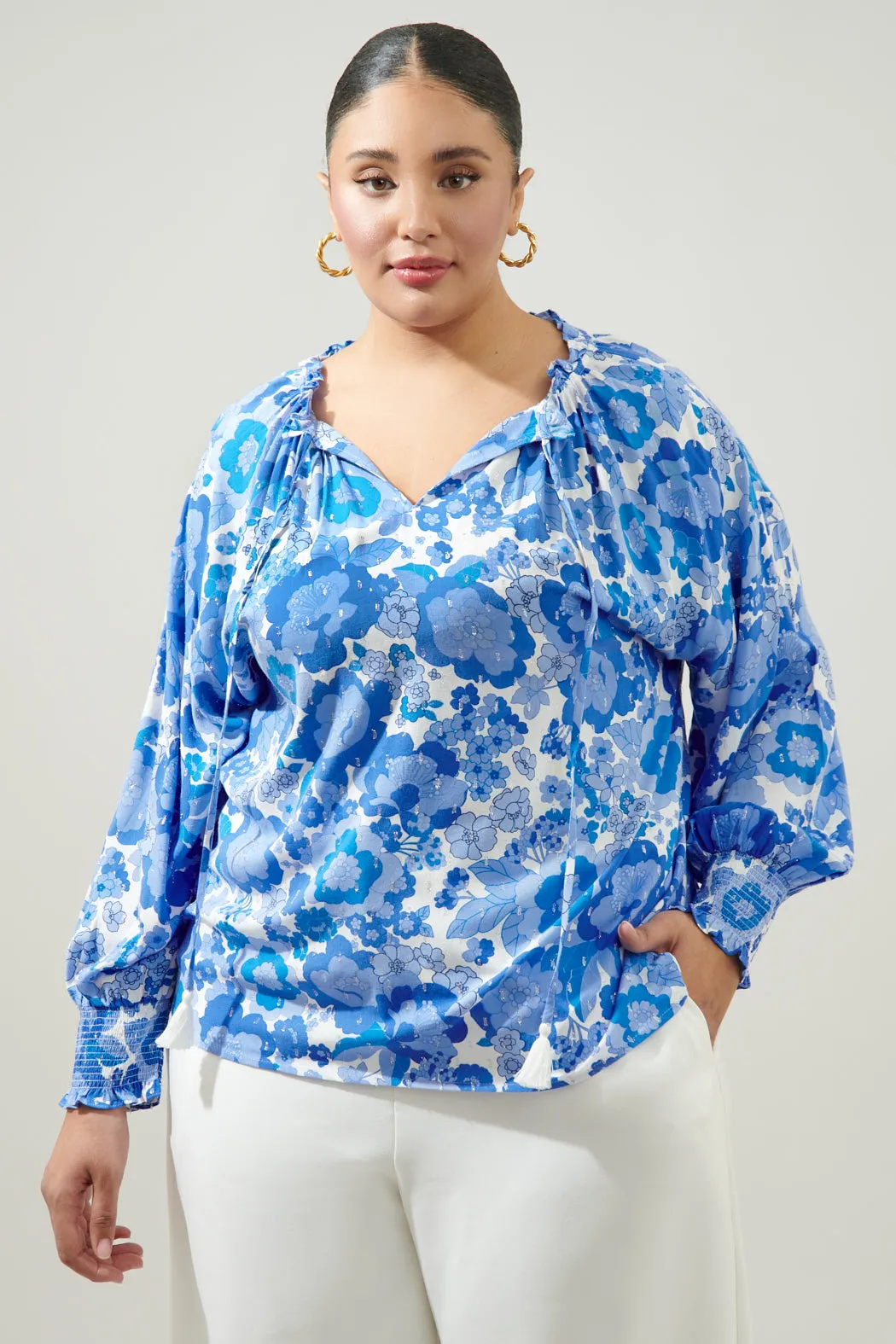 Juliani Floral Weylin Split Neck Tassel Blouse Curve