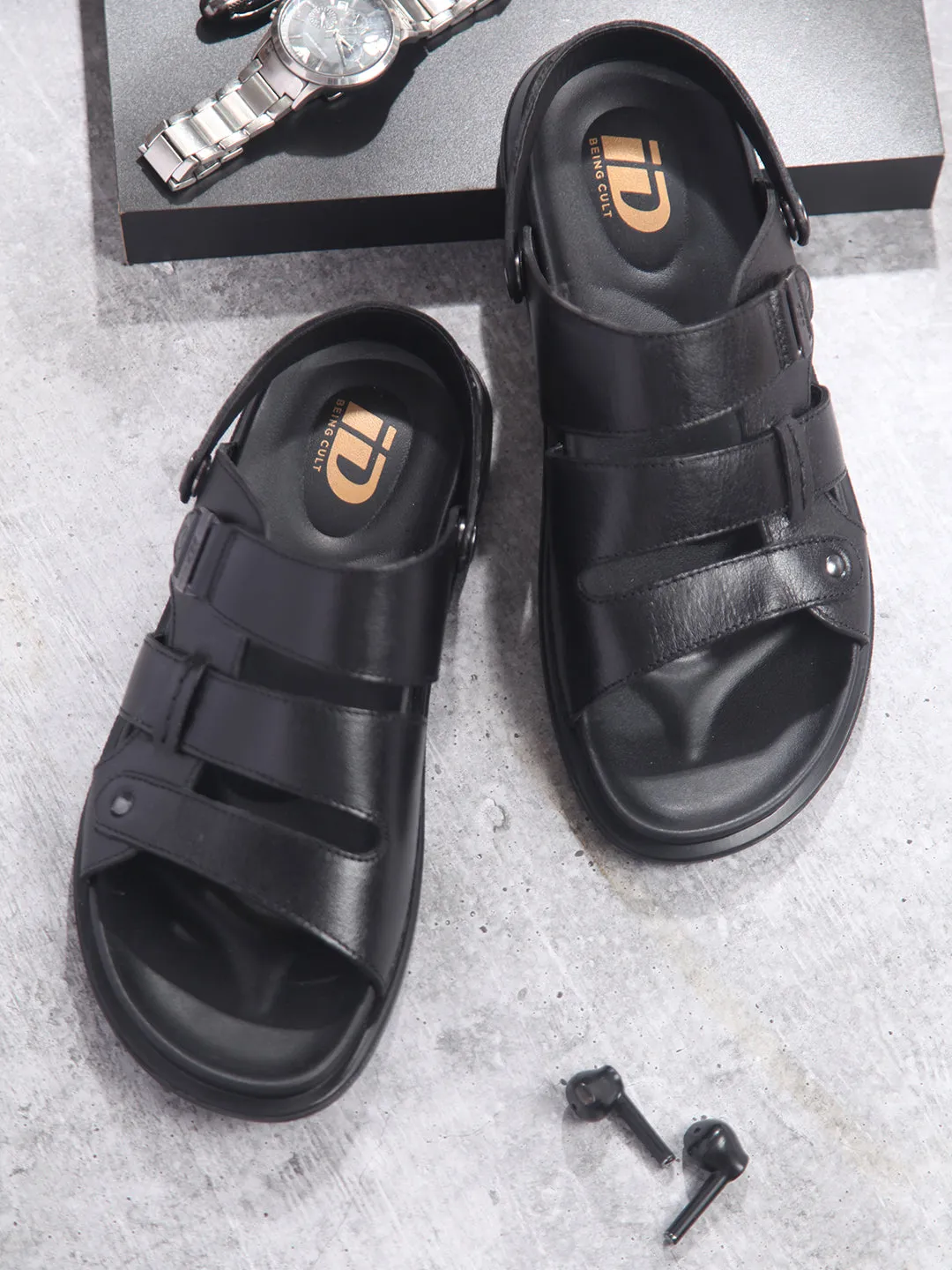Men's Black Leather Comfort-fit Smart Casual Sandal (ID4213)