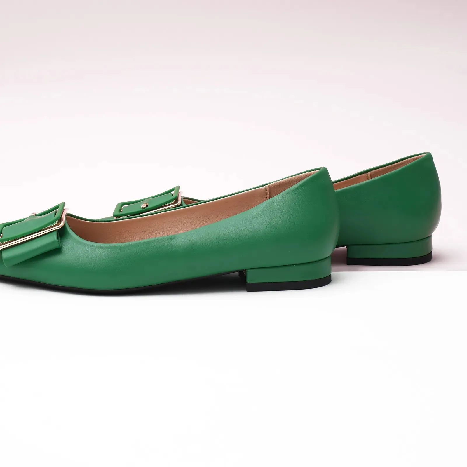 Square Buckled Elegant Flats Green