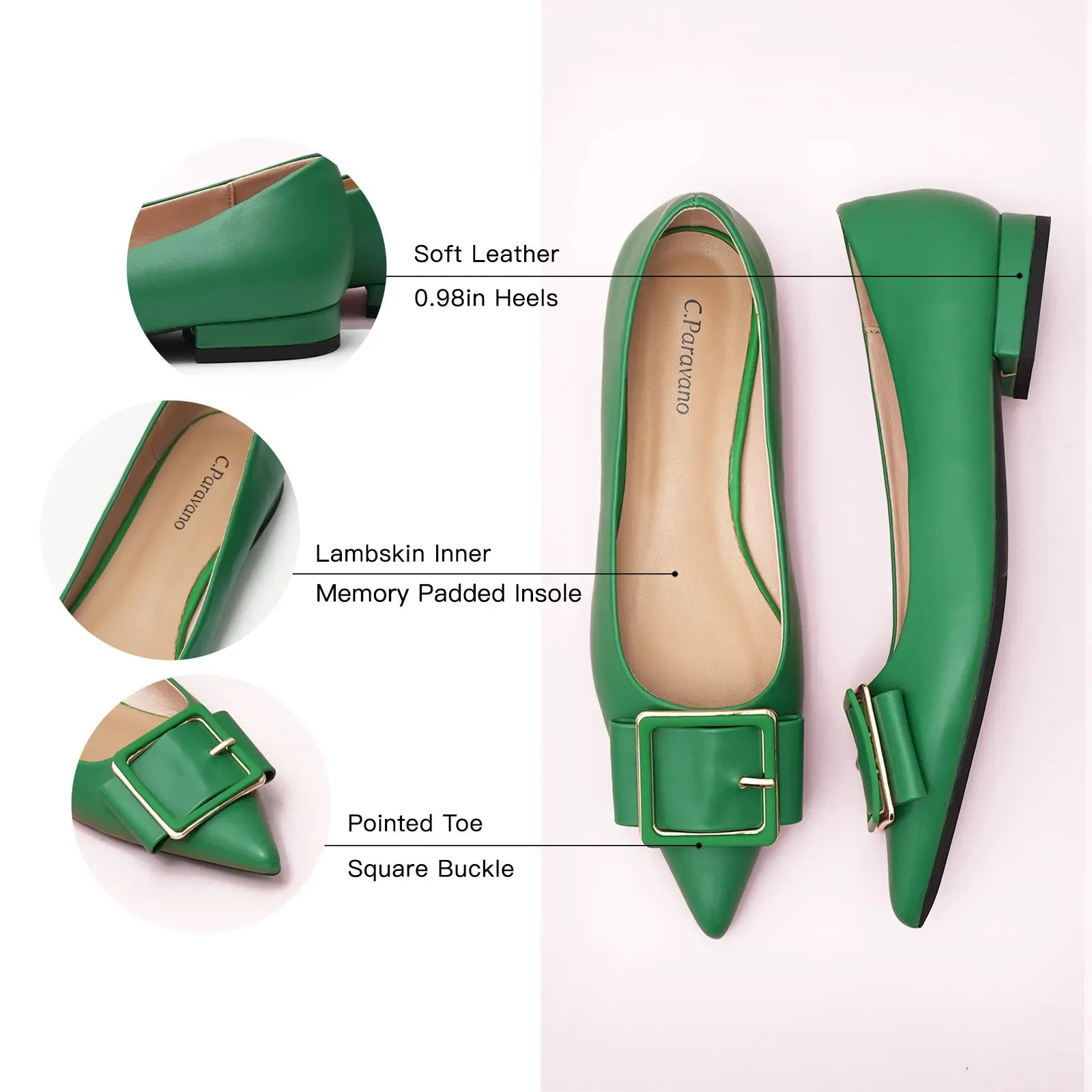 Square Buckled Elegant Flats Green