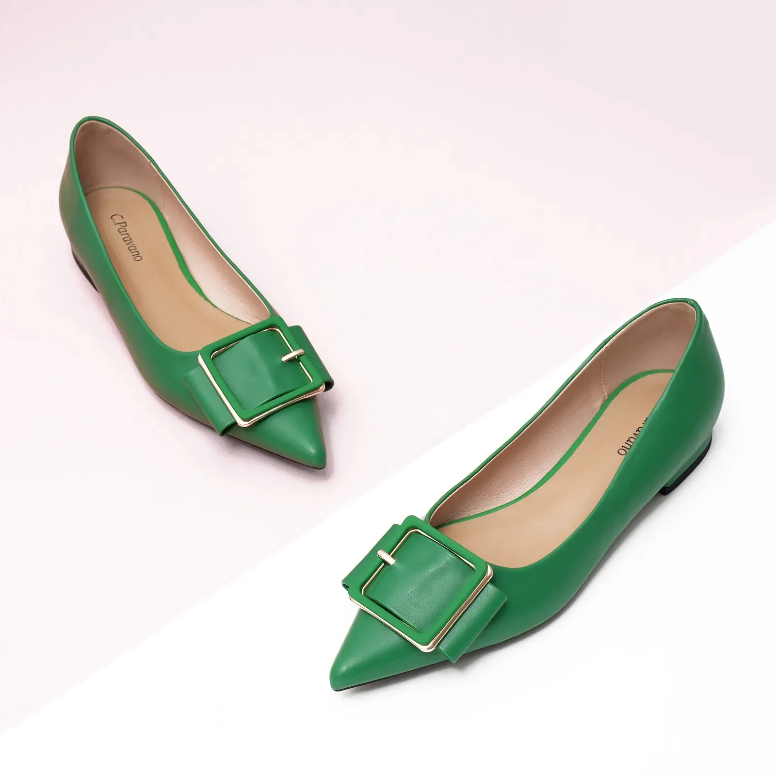 Square Buckled Elegant Flats Green