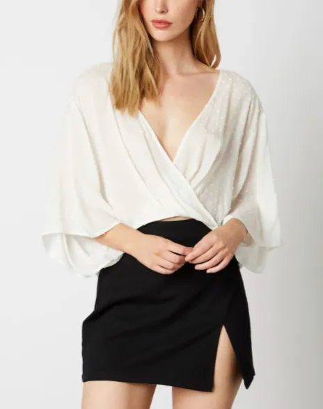Swiss Dot Oversize Short Sleeve V Neck Surplus Crop Top