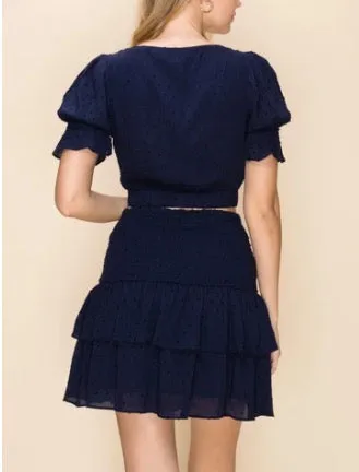 Swiss Dot Short Sleeve V Neck Crop Top