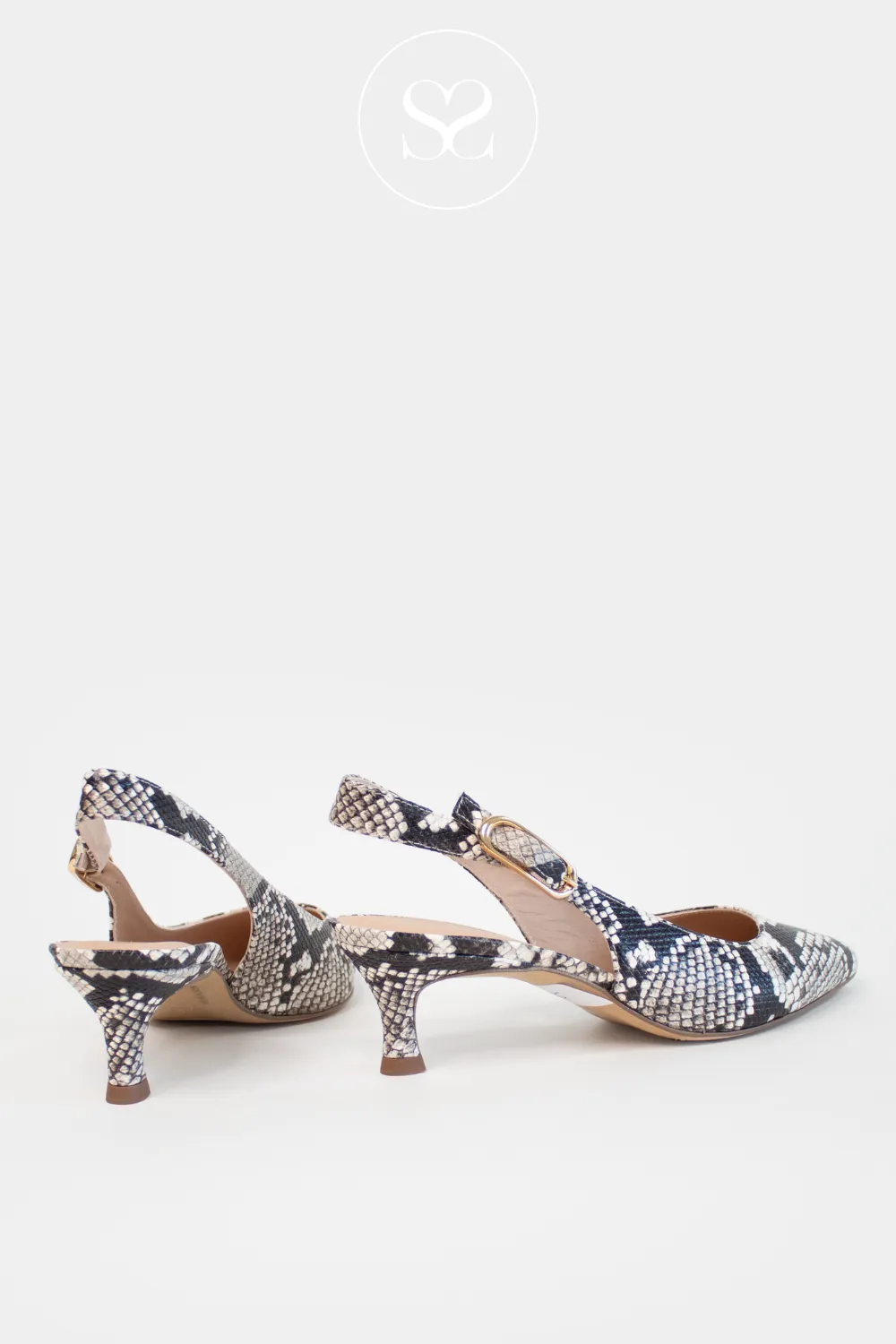 UNISA IBON SNAKE EFFECT BLACK AND WHITE LEATHER SLINGBACK KITTEN HEELS