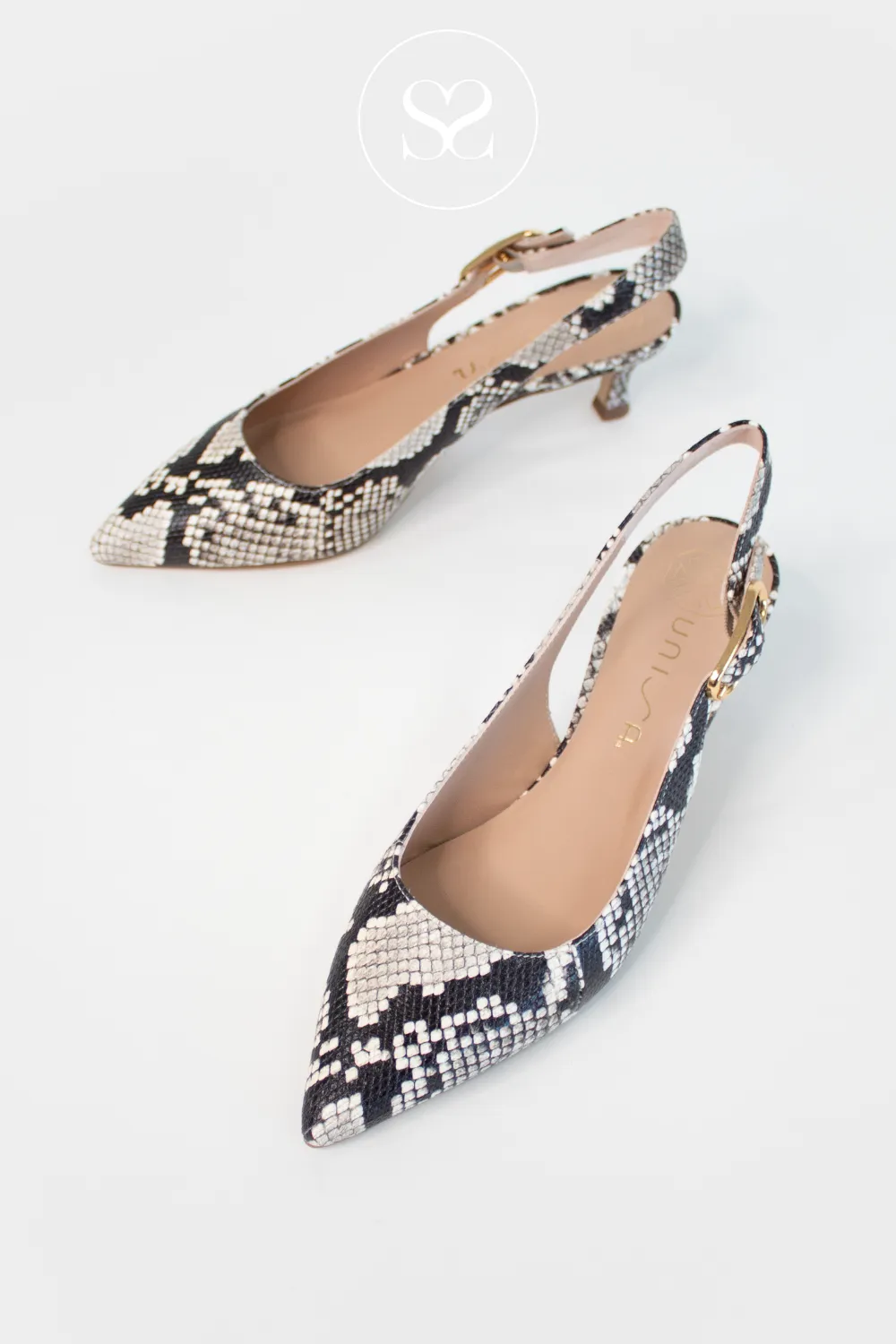 UNISA IBON SNAKE EFFECT BLACK AND WHITE LEATHER SLINGBACK KITTEN HEELS