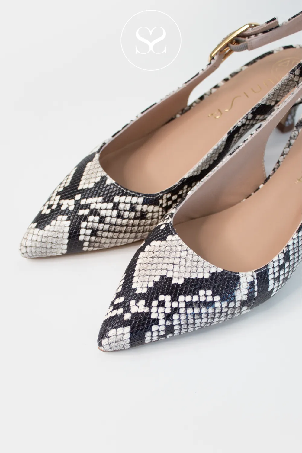 UNISA IBON SNAKE EFFECT BLACK AND WHITE LEATHER SLINGBACK KITTEN HEELS