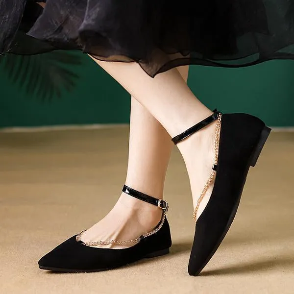 Women's Elegant Chain Belt Buckle Pointed Toe Flats 51450343S